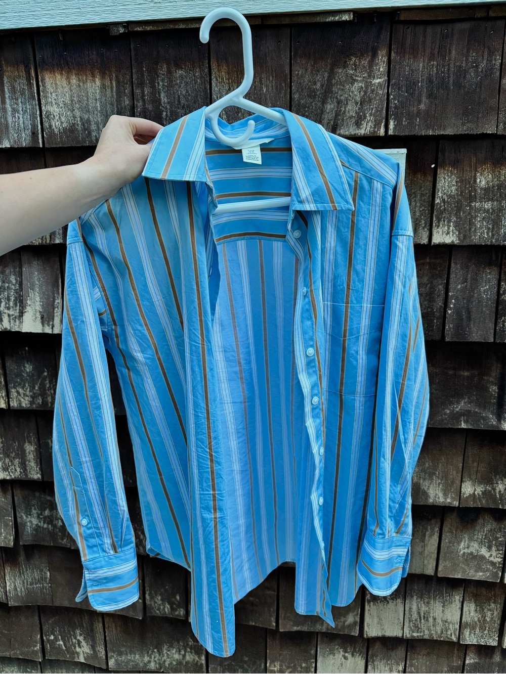 H&M Blue Striped Button-Up Blouse with Tan Accents oversized good for medium